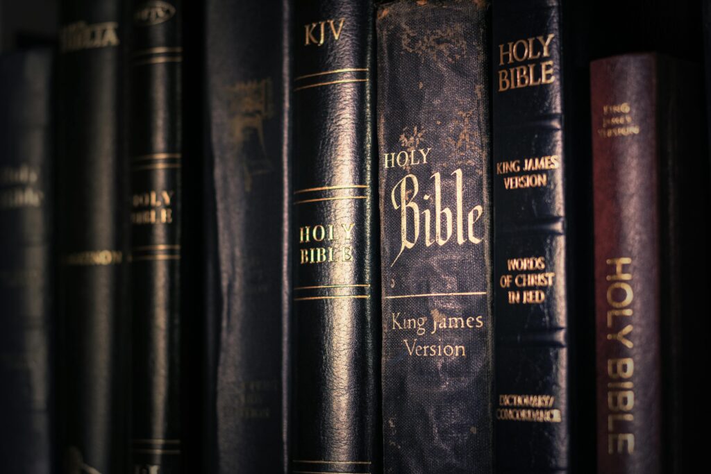 A detailed view of various King James Version Bibles, highlighting religious imagery.