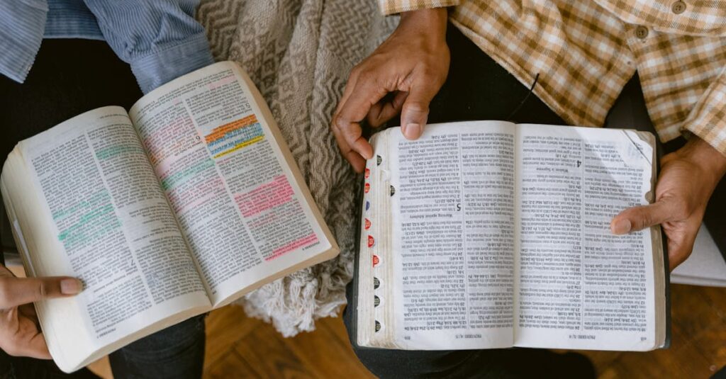 Prayer Ministries | English Two adults reading religious texts with highlighted passages indoors, sharing a moment of learning and connection.